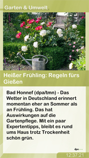 Dazu passender Content Kanal ServiceLine - Garten & Umwelt mit dem Inhalt Ein dpa-ServiceLine-Kanal rund um die Themen Garten und Umwelt. Welche Pflanzen k&Atilde;&para;nnen als Naturheilmittel eingesetzt werden? Wann sollten Rosenstr&Atilde;&curren;ucher geschnitten werden? Die ServiceLine Garten und Umwelt bietet wertvolle Tipps, Wissen und farbenfrohe Fotos. Ca. 30 Artikel monatlich.